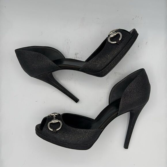 GUCCI Black Glitter Stardust Nappa Charlotte Nero Open Toe Pumps Size 38/ US 8 - Picture 7 of 12